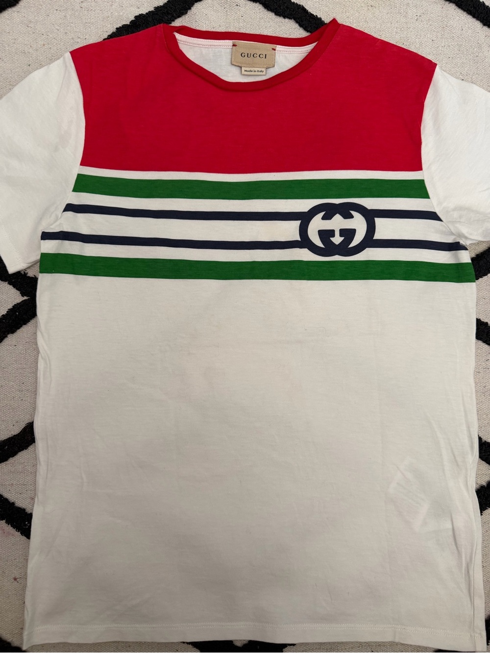 Gucci Kids Red, White & Green Striped Logo Tee